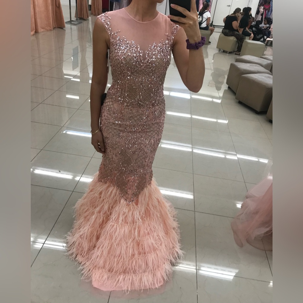 Camillle La Vie Blush Sequin Ostrich Feather Mermaid Gown